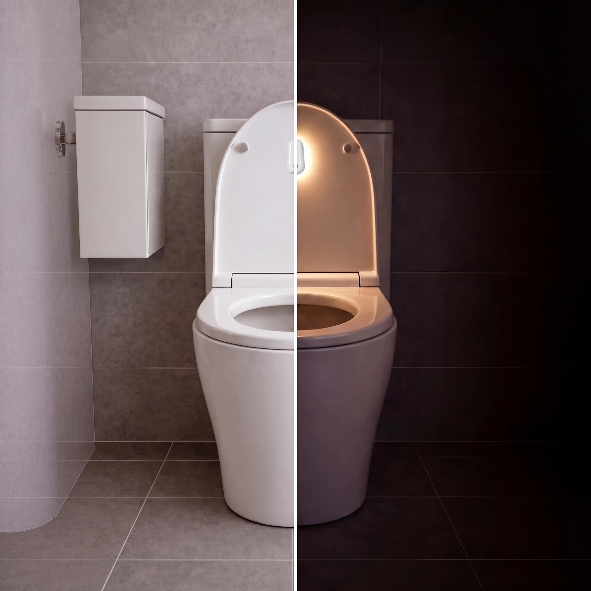Les mêmes toilettes côte à côte : à gauche la pièce éclairée sans appareil, à droite la pièce dans le noir avec la veilleuse allumée sur la cuvette.