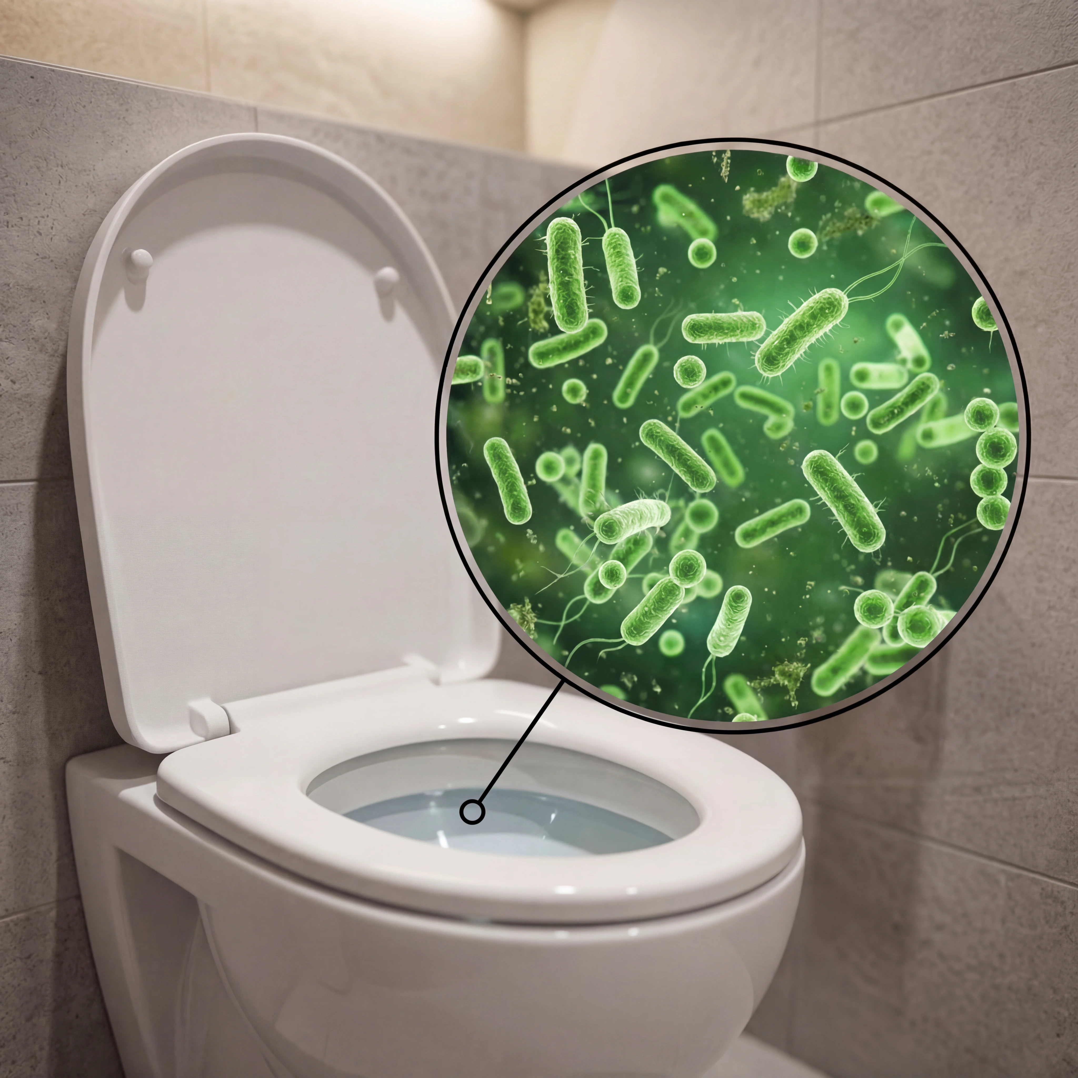 Cuvette de WC ouverte, avec une loupe agrandissant les germes présents à l'intérieur.